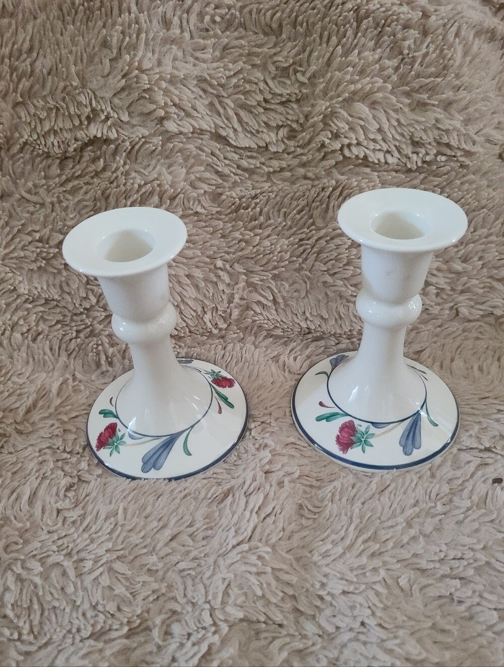 Lenox White Porcelain Candle Holders, Pair, Poppies On Blue, Made In Usa